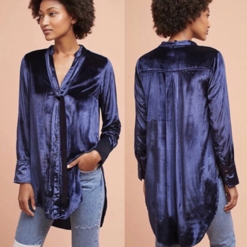Anthropologie Navy Blue Velvet Tie Top Size 14 New With Tags